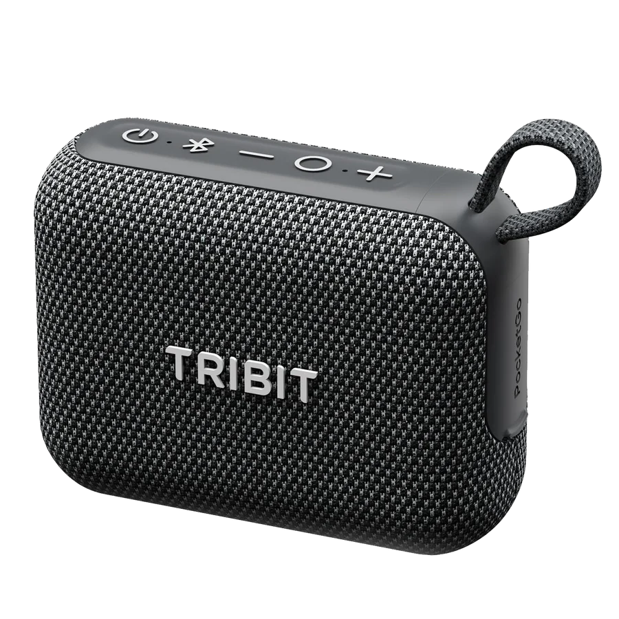 Boxă ultra-portabilă Bluetooth Tribit PocketGo neagră cu șnur integrat și butoane de control pe partea superioară