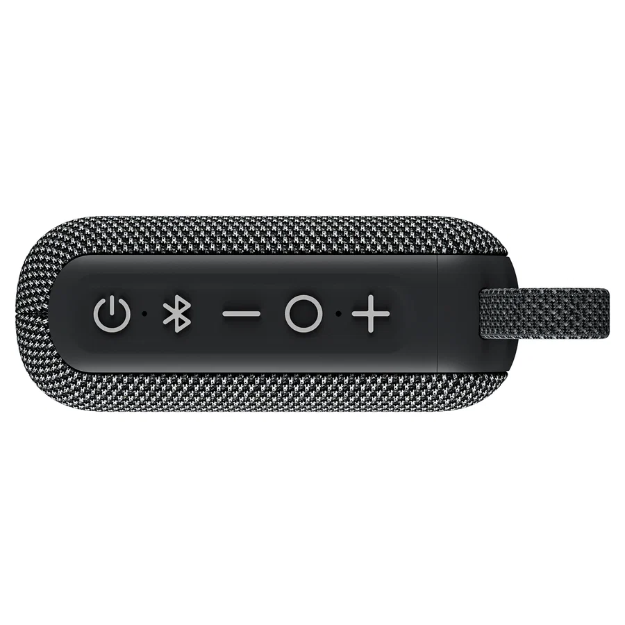 Vedere de sus a boxei portabile Tribit PocketGo, evidențiind panoul cu butoane cauciucate pentru pornire, Bluetooth, volum și redare pe fundal alb