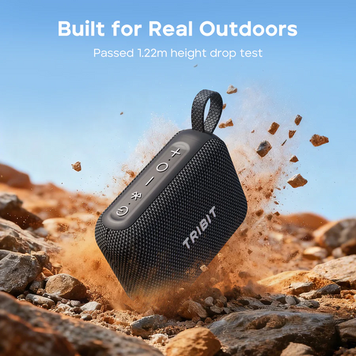 Boxă portabilă Bluetooth Tribit PocketGo neagră testată la cădere de la 1.22 metri pe stânci, rezistentă la șocuri și ideală pentru exterior