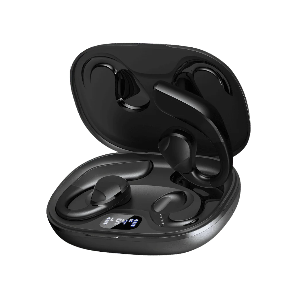 Carcasa de incarcare deschisa pentru casti open-ear Tribit Open Go, cu afisaj digital LED pentru procentajul bateriei