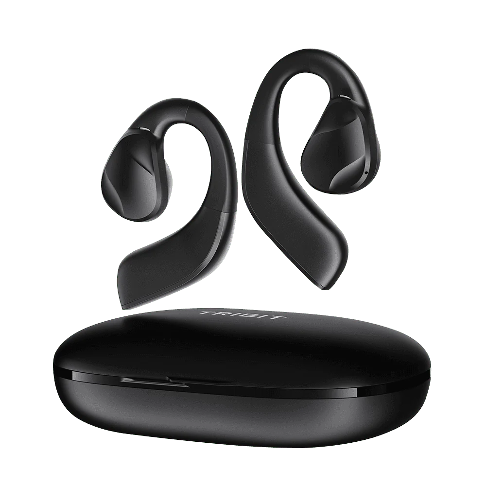 Casti wireless open-ear Tribit Open Go negre, pentru sport, cu carlig dupa ureche si carcasa de incarcare