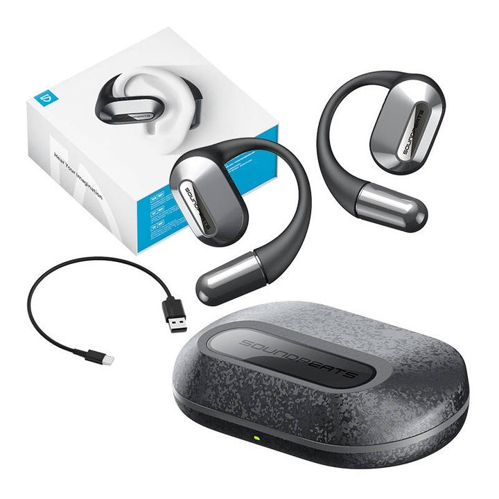 Pachet complet căști open-ear SoundPEATS HearFit, conținut cutie cu carcasă de încărcare și cablu USB-C
