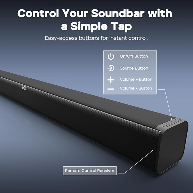 Infografic cu butoanele de control fizice ale Soundbar-ului Tribit S1, indicând funcțiile de pornire, selectare sursă, reglare volum și poziția receptorului pentru telecomandă