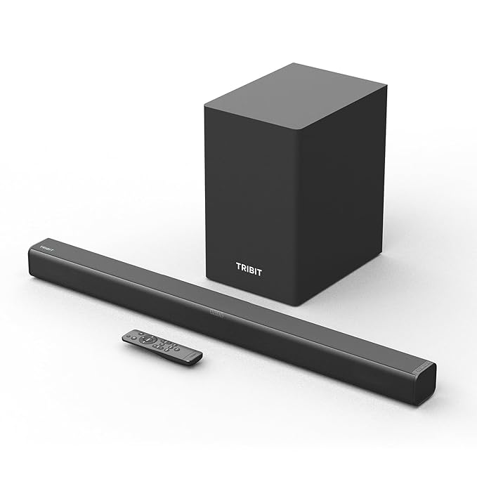 Sistem audio Soundbar Tribit S1 de 2.1 canale cu subwoofer negru și telecomandă pe fundal alb